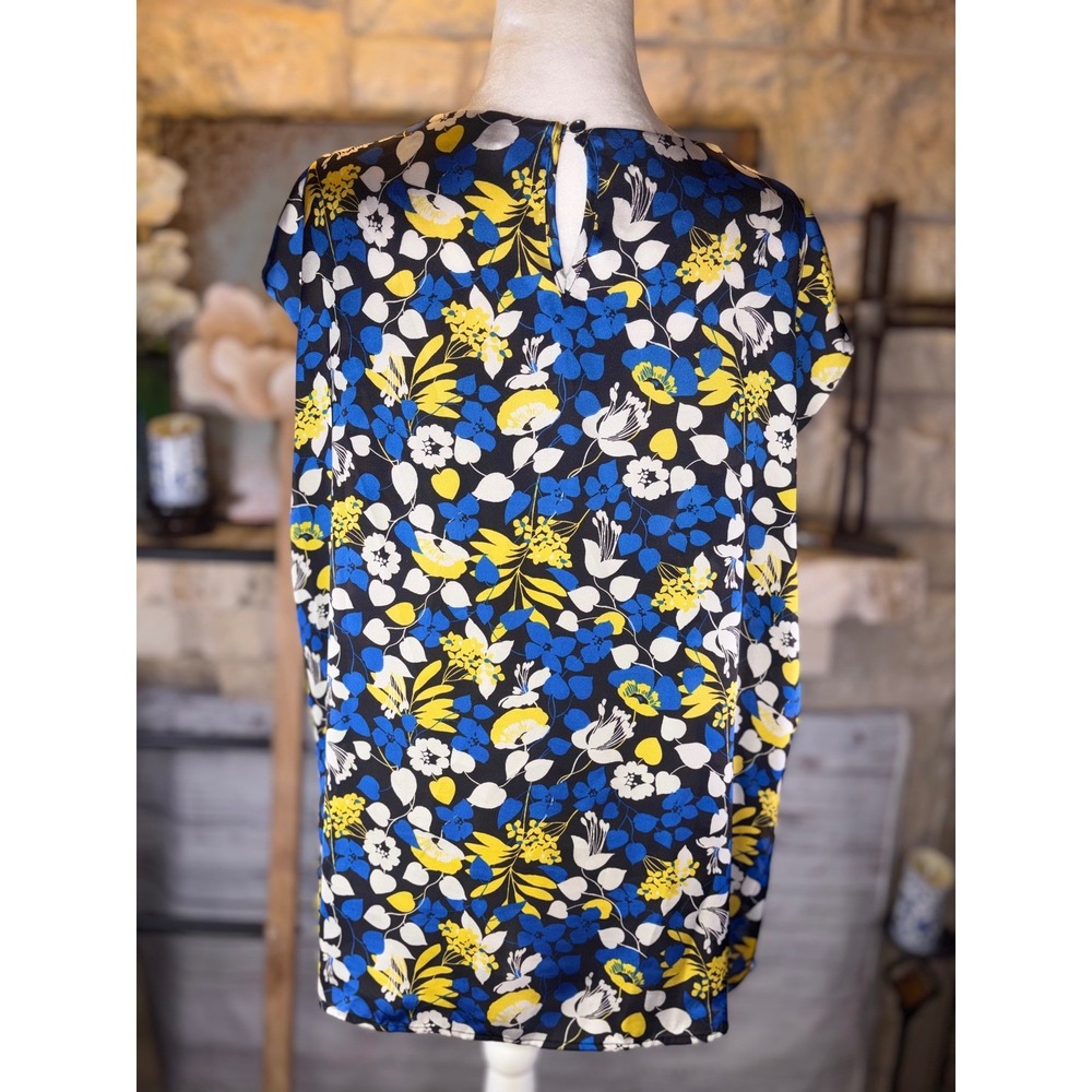 Kasper Women XL Blue Yellow Floral Pleated Cap Sleeve Blouse Top Keyhole Back - Picture 8 of 9